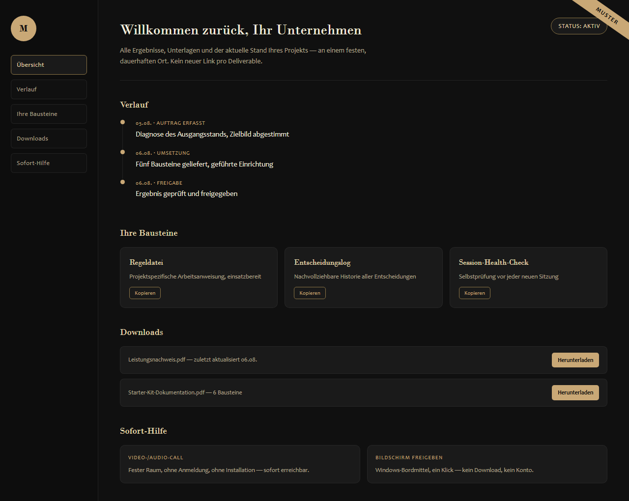 Kundenportal: Verlauf-Zeitleiste, gelieferte Bausteine, Downloadbereich und Sofort-Hilfe an einem festen Zugang