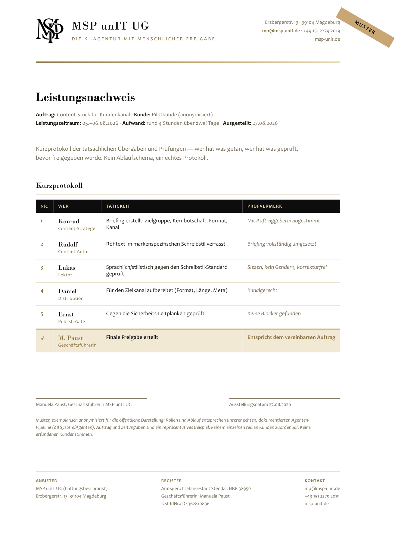 Leistungsnachweis-PDF: Kurzprotokoll der Agentenübergaben und Prüfvermerke bis zur finalen Freigabe, mit Unterschriftenzeile